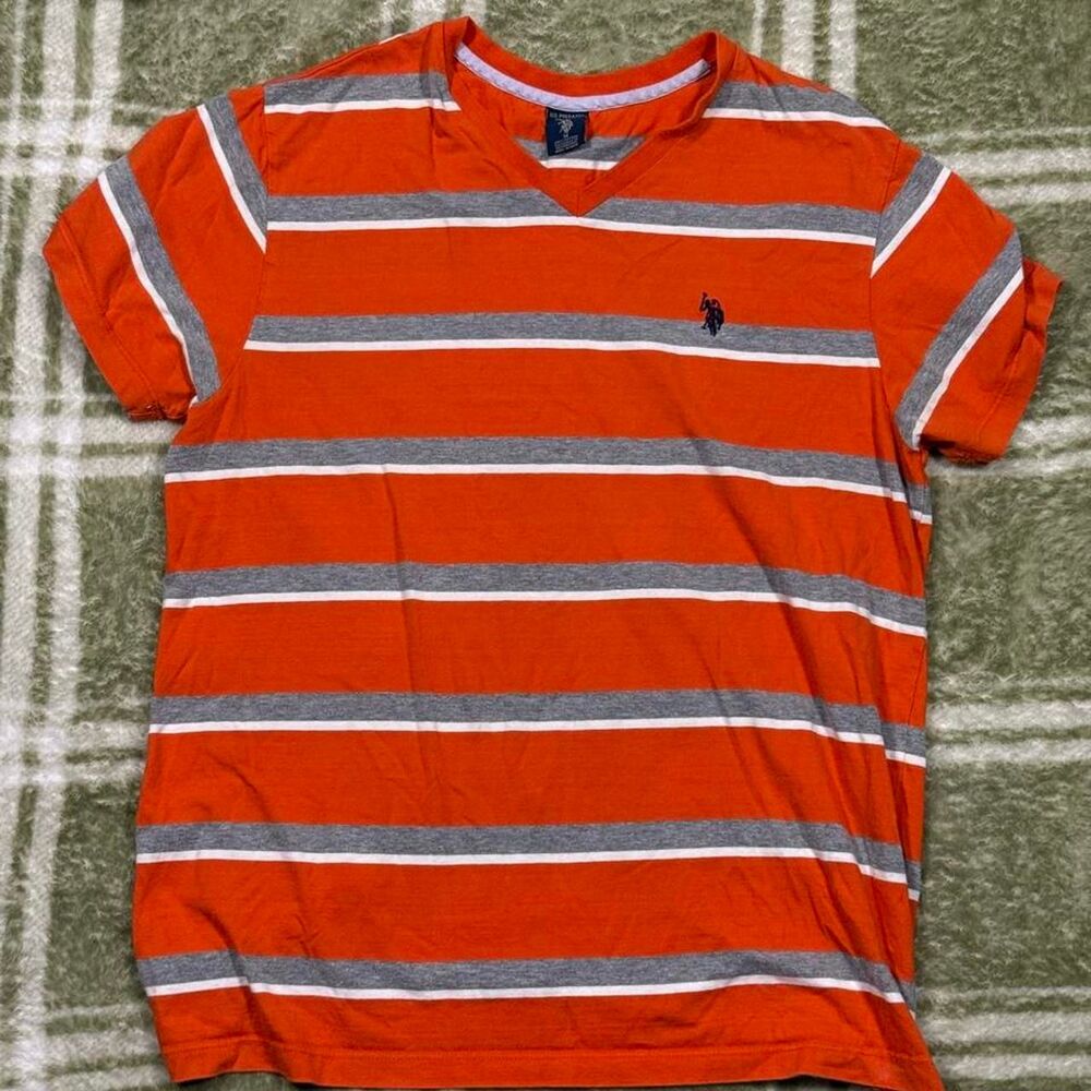 Vintage U.S. Polo Assn. Striped V-Neck T-Shirt - Men's Size Medium, Orange & Gra